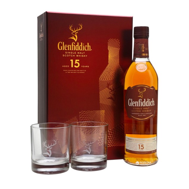 Віскі Glenfiddich 40% 15 рокiв 0,7л +2 склянки